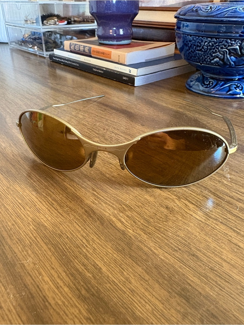 Oakley E Wire Sunglasses gold tone with amber lenses
